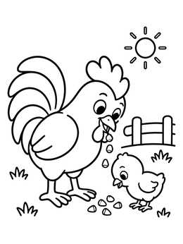 Free printable Rooster Feeding A Little Chick coloring page