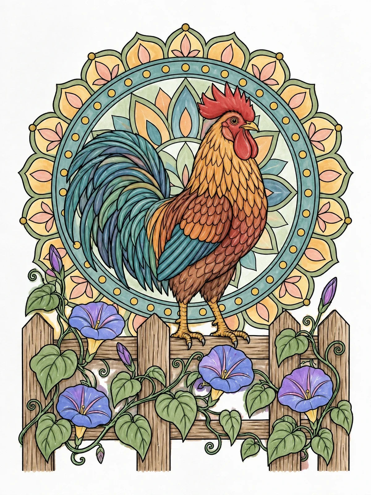 Colored example of the Rooster On Fence With Mandala coloring page