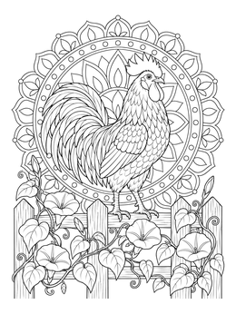 Detailed rooster coloring page perched on a wooden fence with morning glory flowers and a mandala.