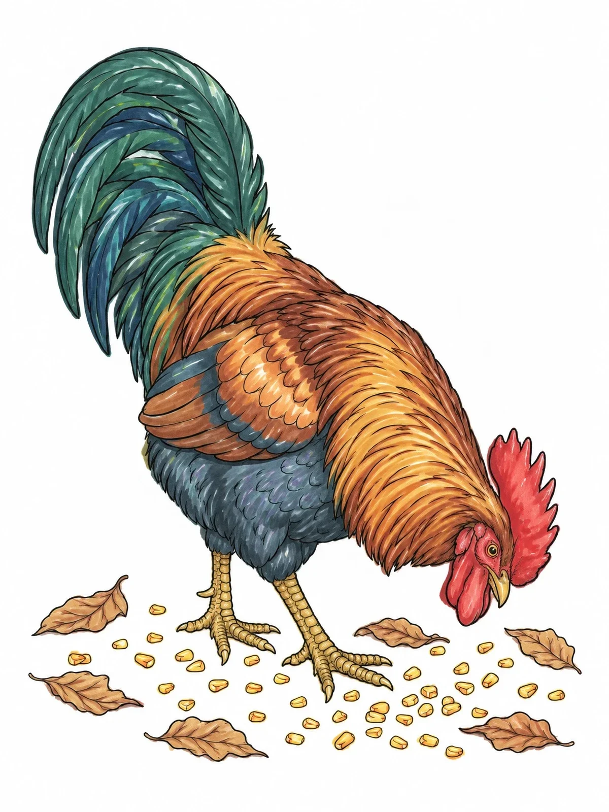 Colored example of the Rooster Foraging In Farmyard coloring page