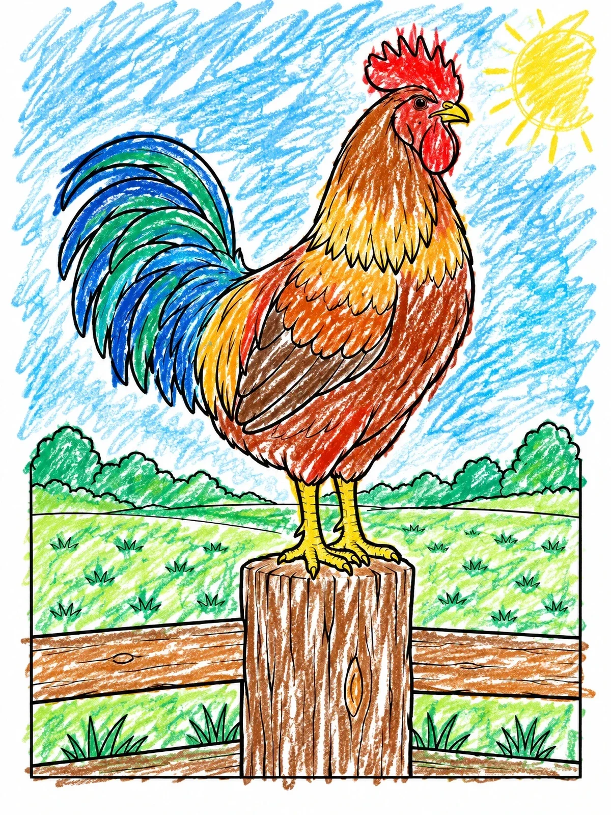 Colored example of the Rooster On A Wooden Fence coloring page