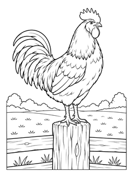 A detailed rooster coloring page showing the bird perched on a fence post.