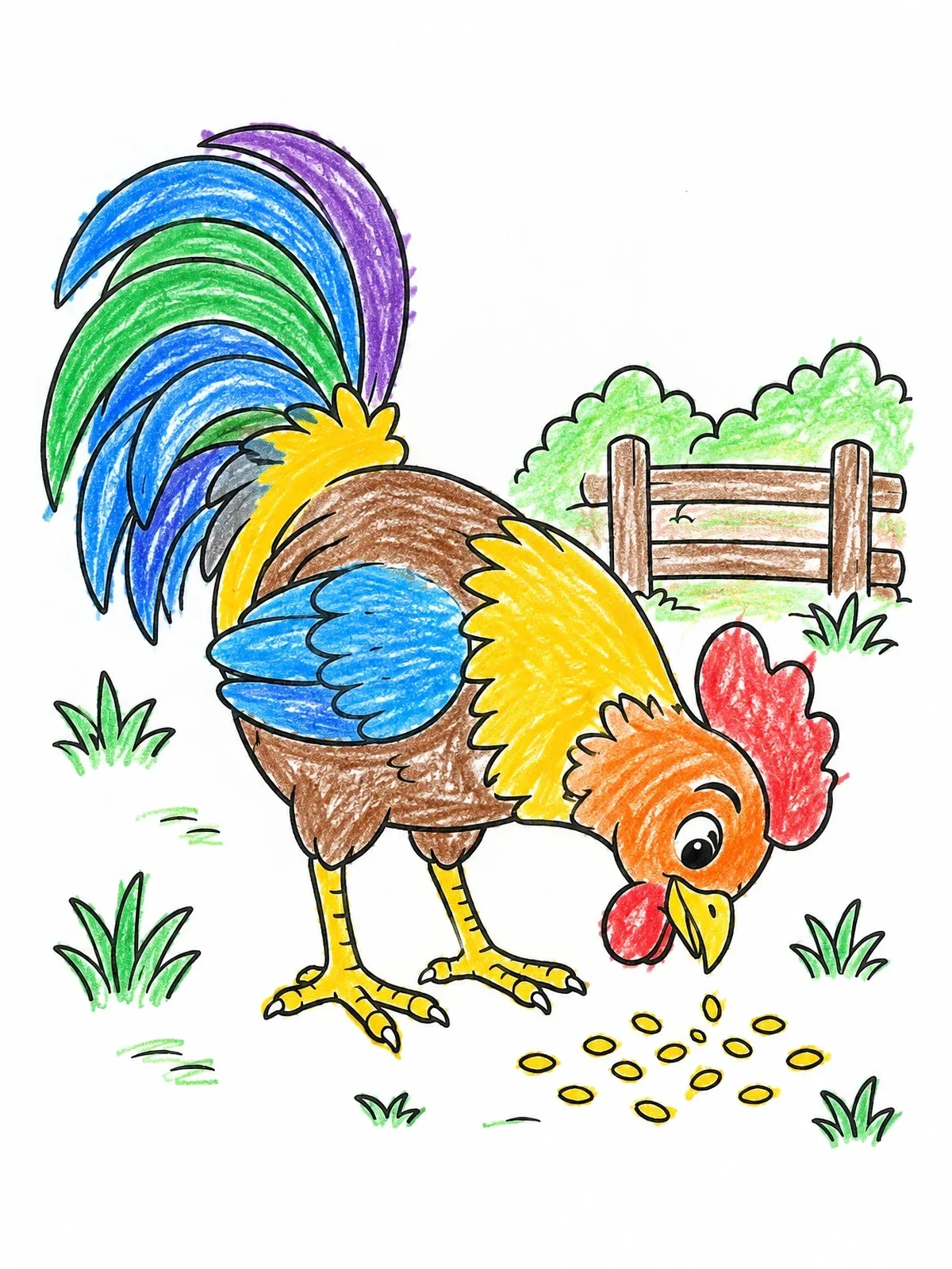 Colored example of the Rooster Pecking At Farmyard Seeds coloring page