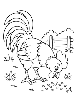 A friendly farmyard scene in this rooster coloring page featuring a rooster pecking at scattered seeds.