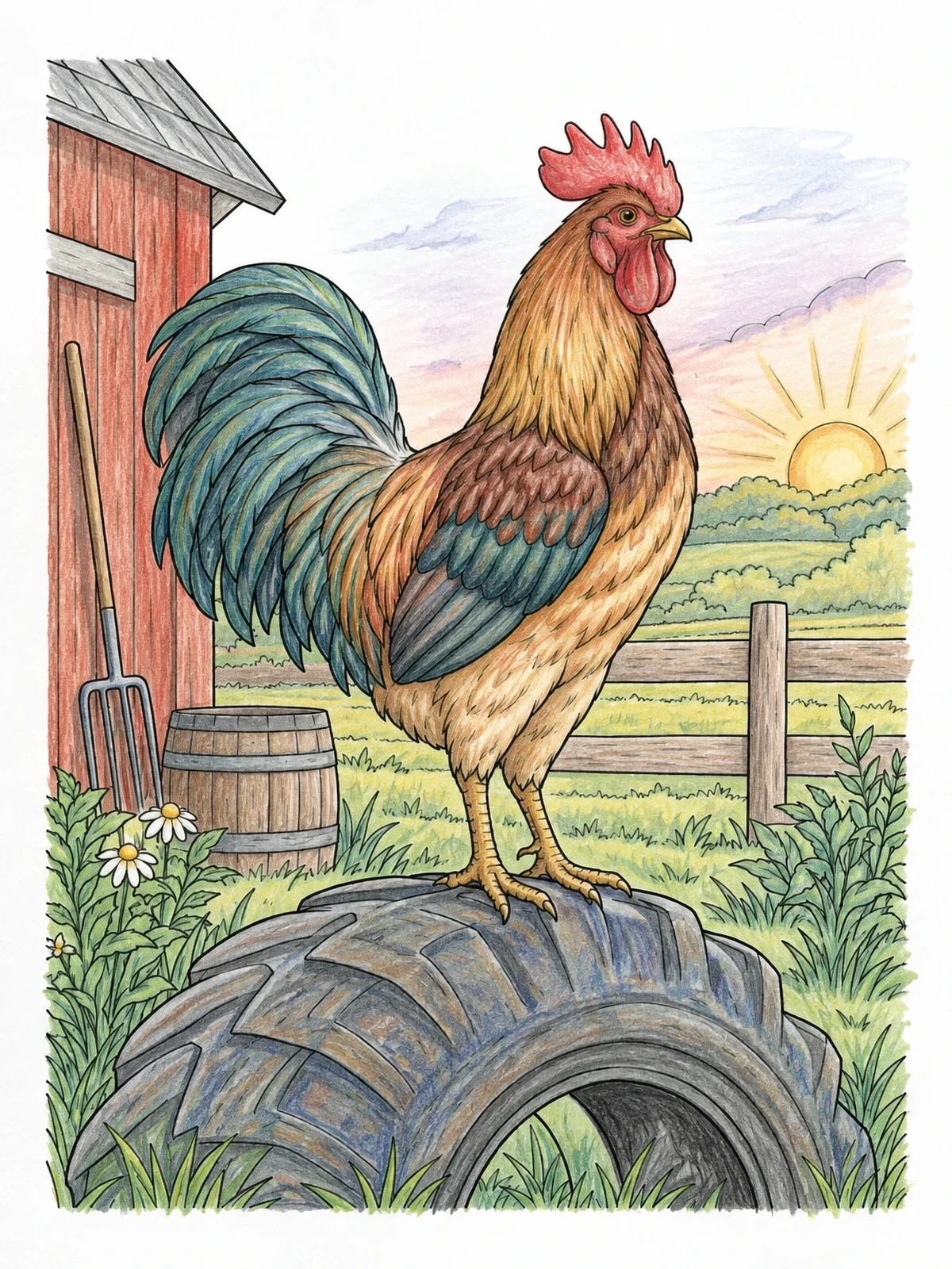 Colored example of the Rooster Perched On Tractor Tire coloring page