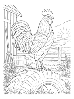 A proud farm rooster coloring page showing the bird standing on a large tractor tire at sunrise.
