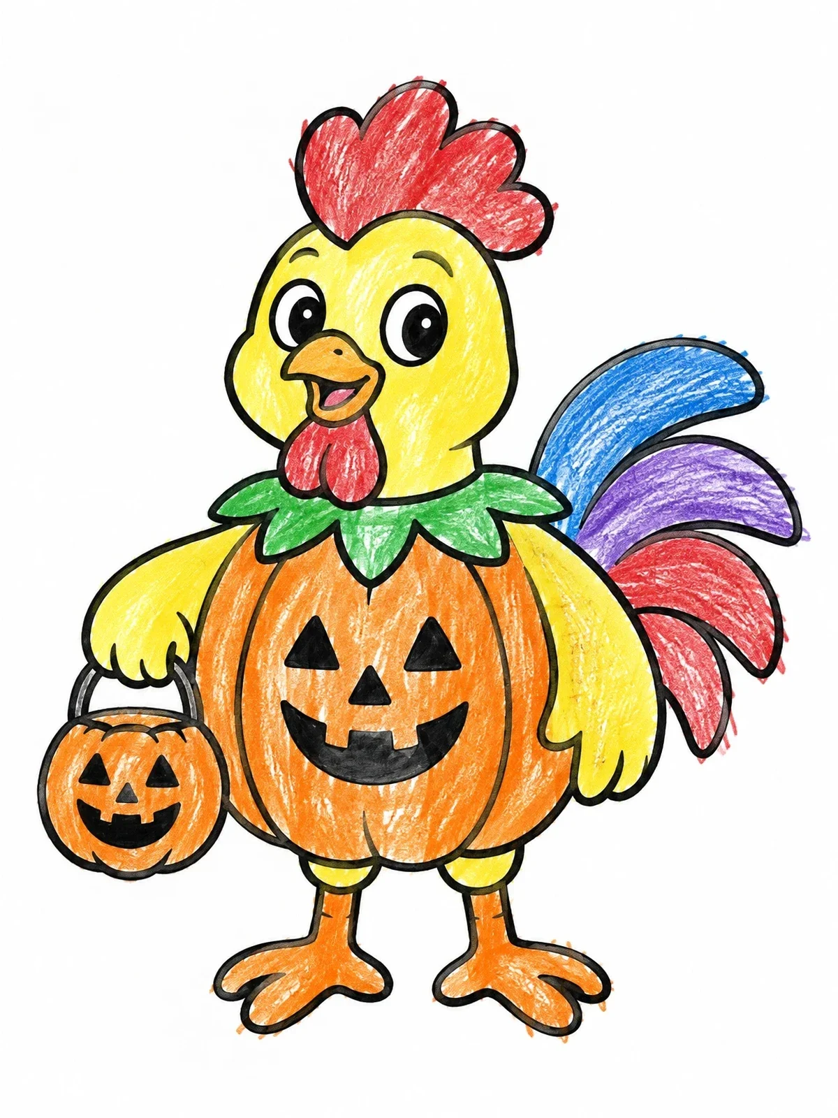 Colored example of the Rooster In Pumpkin Halloween Costume coloring page