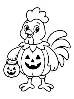 A rooster coloring page showing a cute bird in a pumpkin costume holding a candy bucket.
