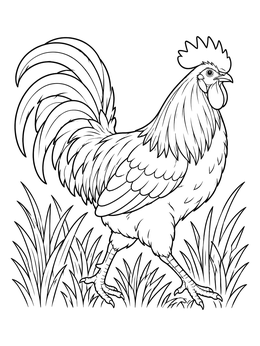 A proud rooster walks through meadow grass in this rooster coloring page.