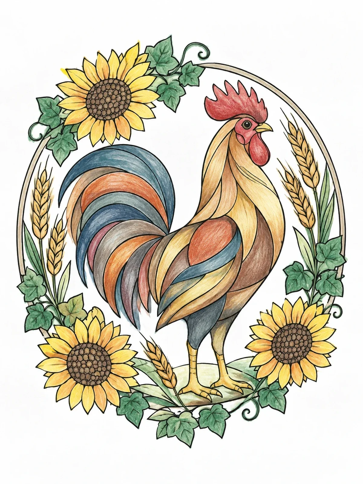 Colored example of the Rooster In Sunflower And Wheat Wreath coloring page