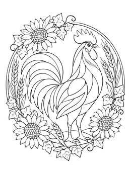 A proud rooster inside a decorative floral border on this rooster coloring page.