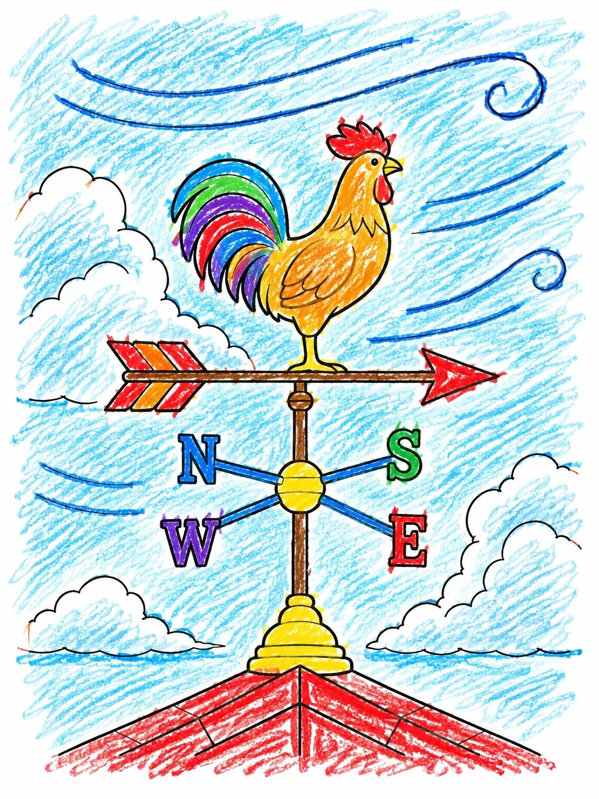 Colored example of the Rooster Weather Vane In Breezy Sky coloring page