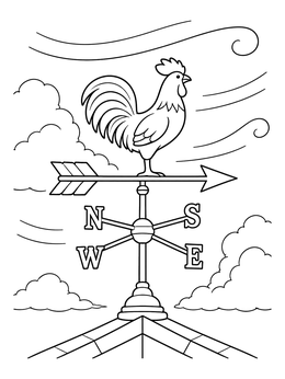 Rooster weather vane atop a roof in a sky coloring page with clouds and wind.