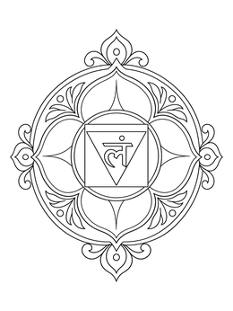 Relaxing root chakra coloring page with a traditional Sanskrit seed syllable in a mandala.