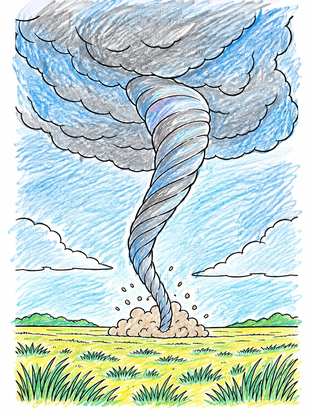 Colored example of the Twisting Rope Tornado Over Plains coloring page