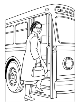 Detailed rosa parks coloring page showing her stepping onto a vintage transit bus.