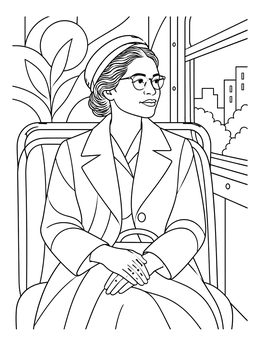 Rosa Parks coloring page showing her sitting peacefully by a vintage bus window.
