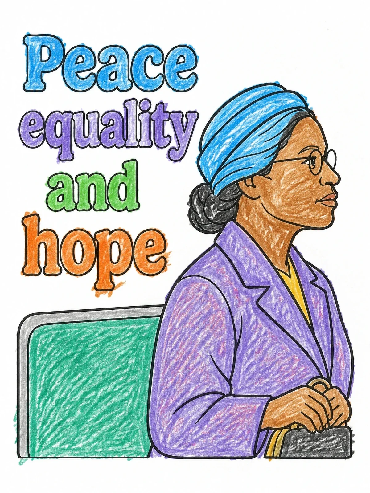 Colored example of the Rosa Parks Sitting With Inspiring Words coloring page