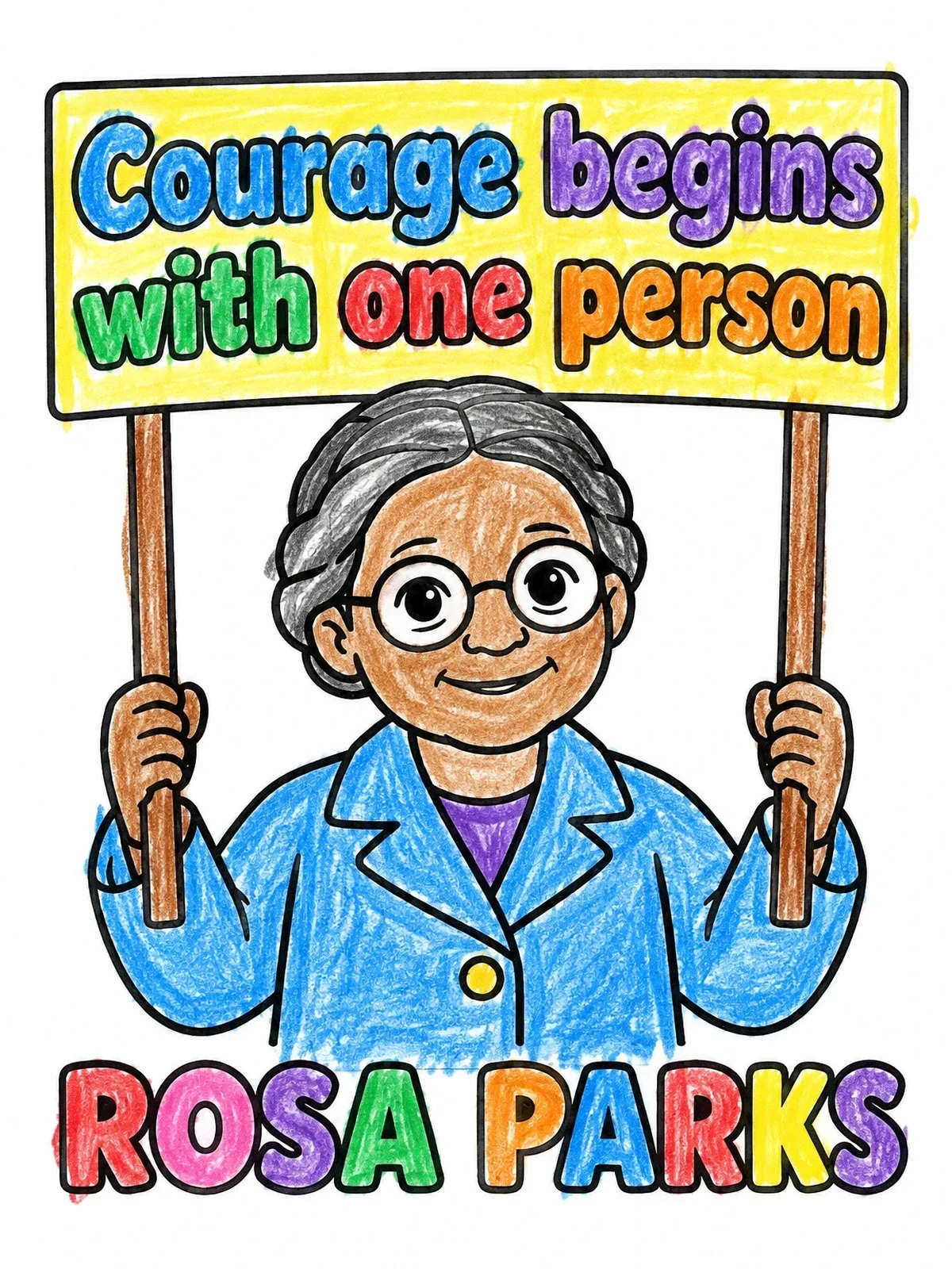 Colored example of the Rosa Parks Holding Courage Sign coloring page