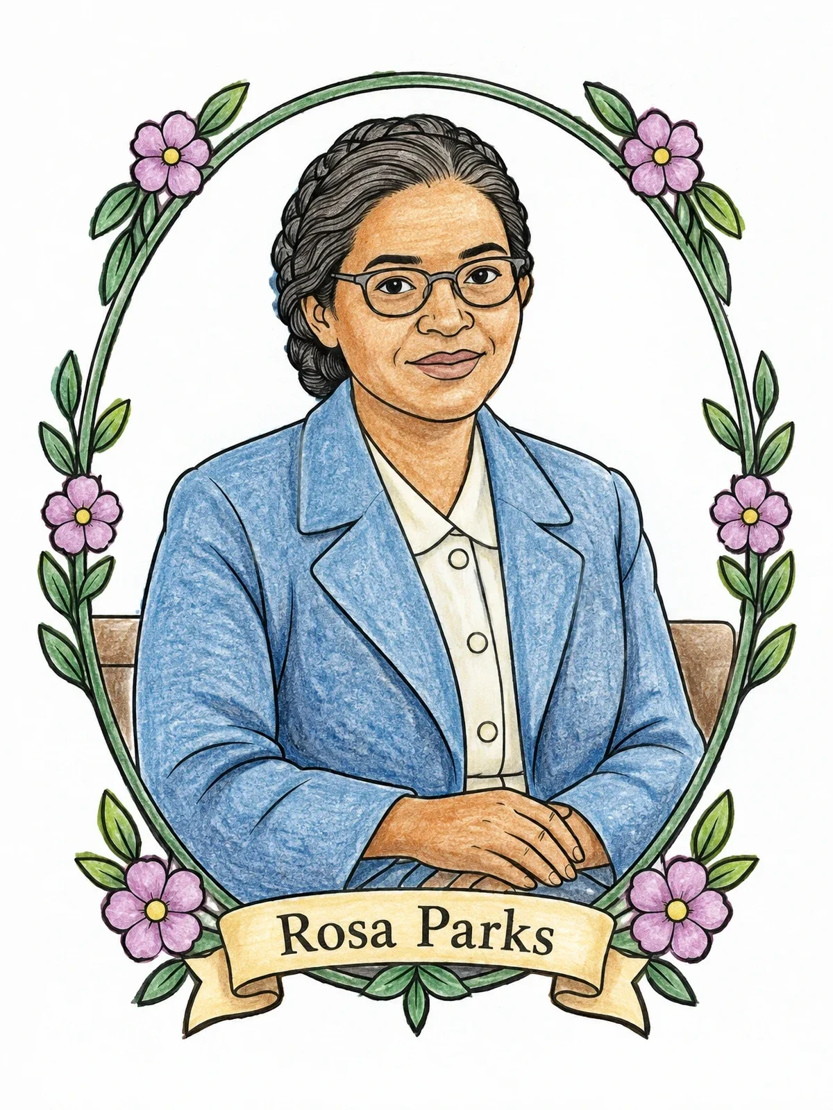 Colored example of the Rosa Parks Floral Portrait coloring page