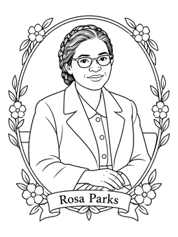 A detailed Rosa Parks coloring page framed with an elegant floral border and nameplate.