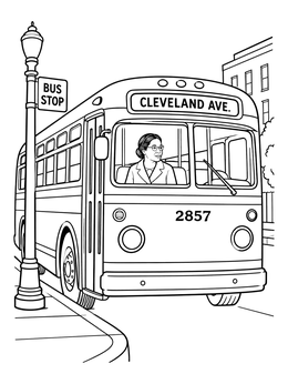 Vintage city bus with Rosa Parks inside on this rosa parks coloring page.