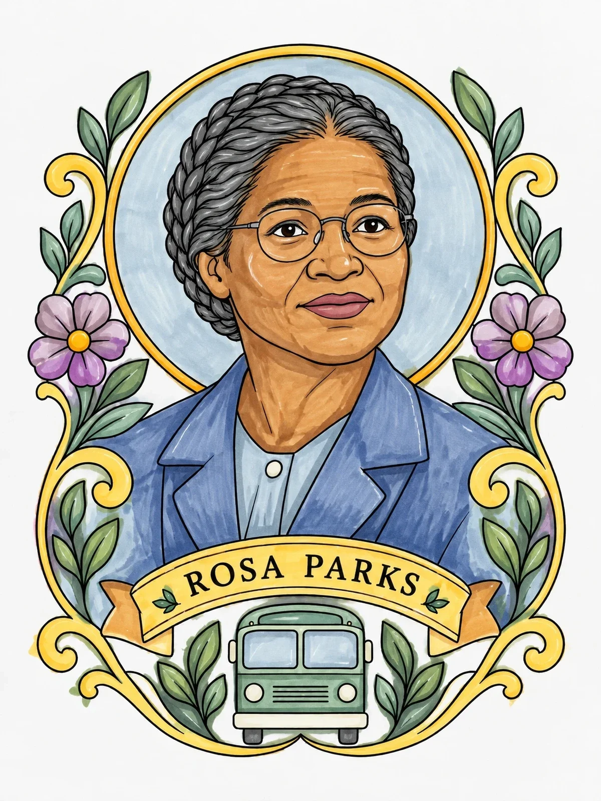 Colored example of the Rosa Parks Portrait With Floral Frame coloring page