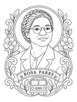 An inspiring rosa parks coloring page featuring her portrait, a bus, and elegant floral framing.