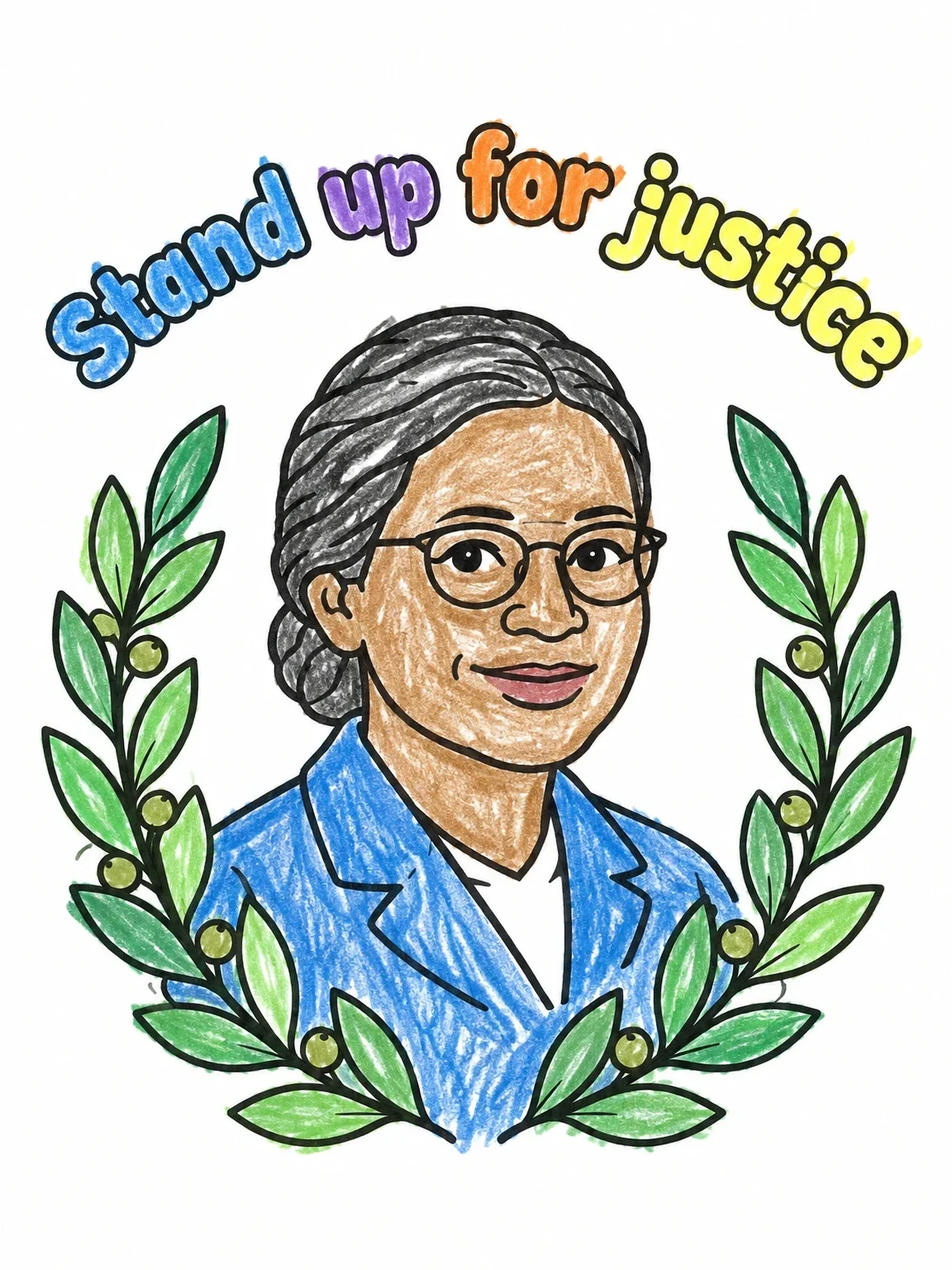 Colored example of the Rosa Parks Portrait With Laurel Wreath coloring page
