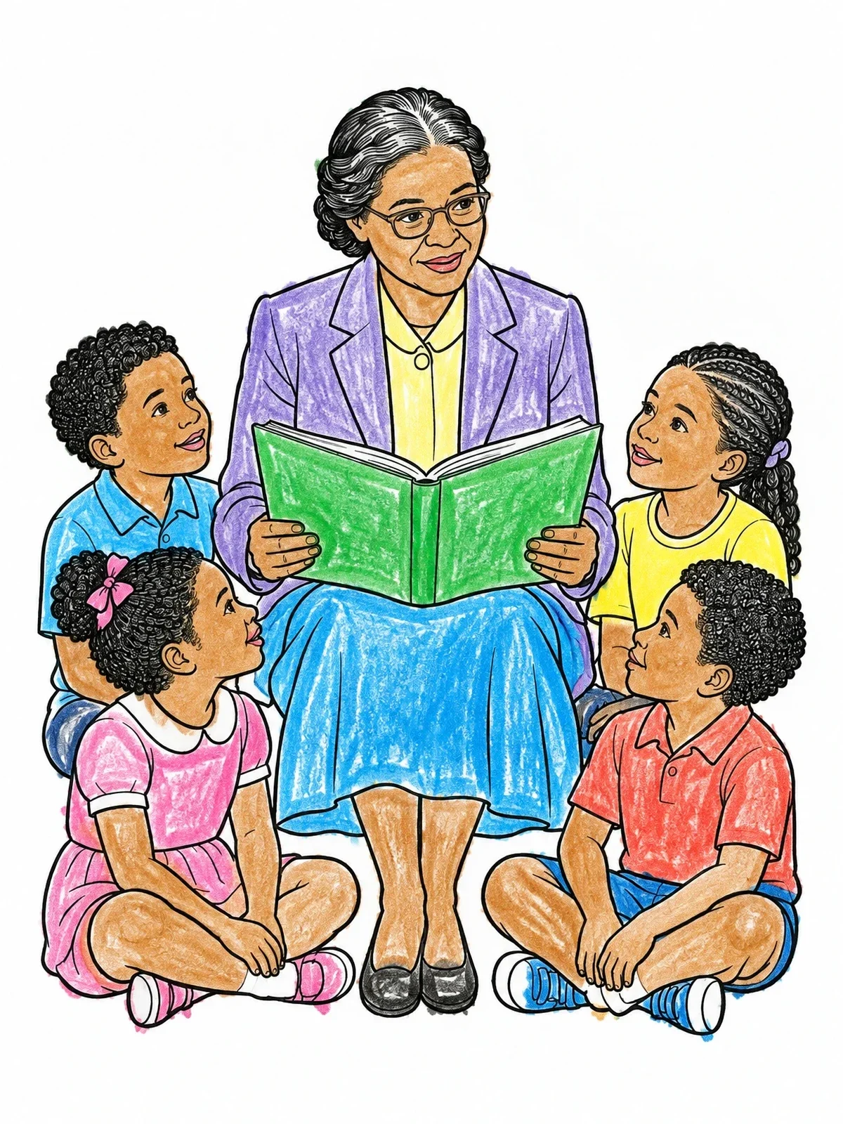 Colored example of the Rosa Parks Reading To Children coloring page