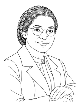 Detailed portrait bust in this Rosa Parks coloring page featuring braided hair and eyeglasses.