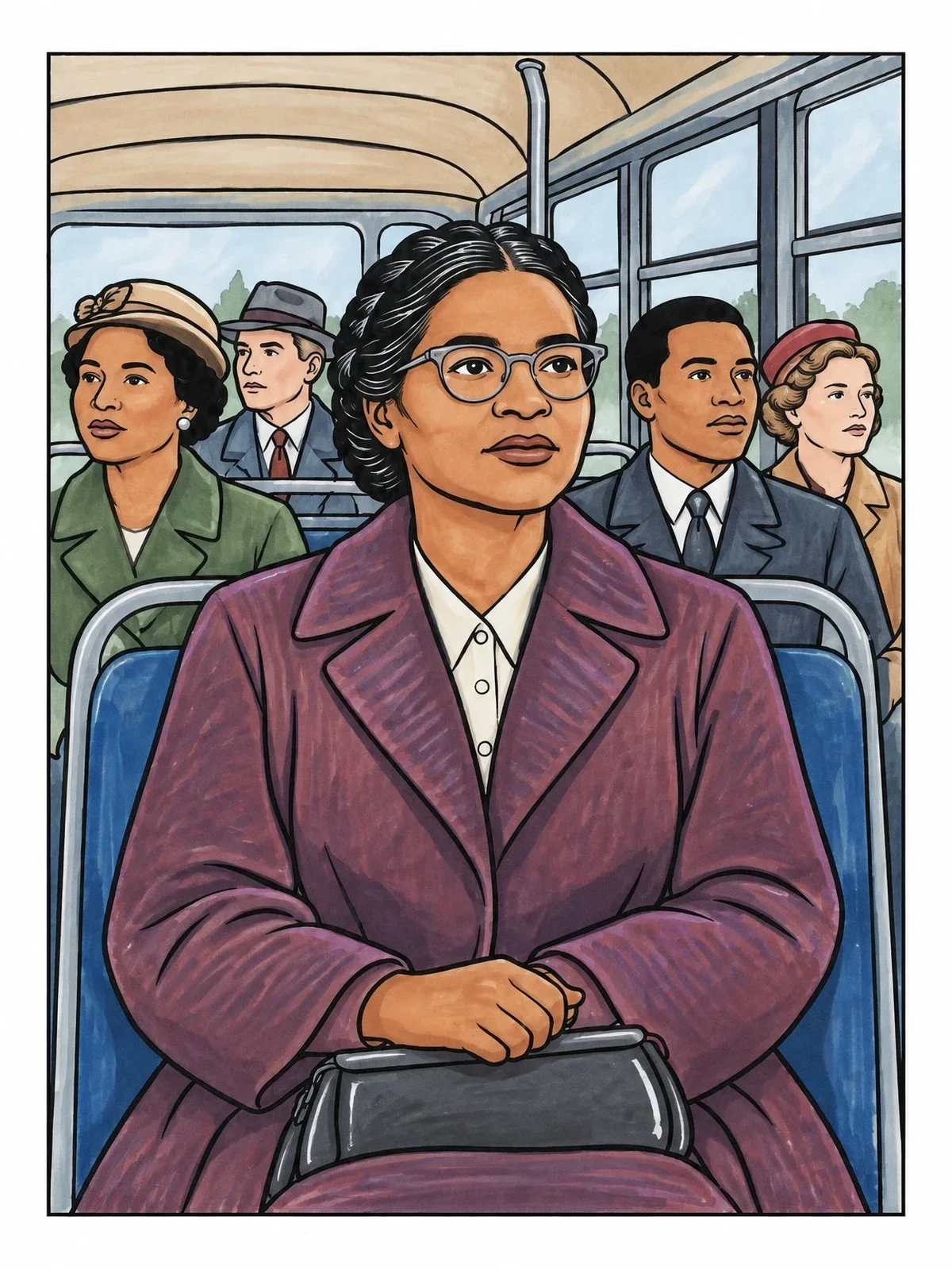Colored example of the Rosa Parks Sitting On The Bus coloring page