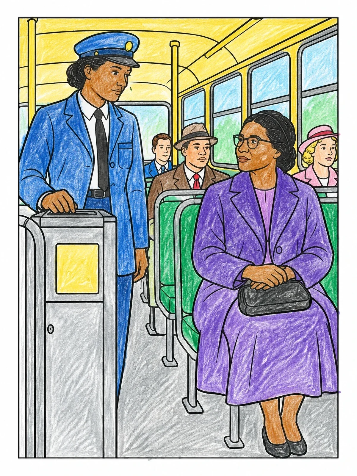 Colored example of the Rosa Parks On The Montgomery Bus coloring page
