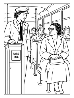 Historical rosa parks coloring page depicting her seated calmly on a city bus.