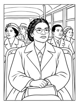 A detailed rosa parks coloring page depicting her sitting calmly on a city bus with passengers behind her.