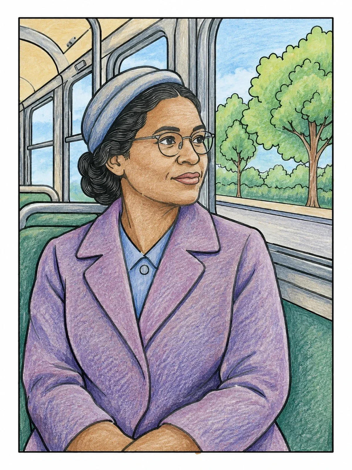 Colored example of the Rosa Parks Sitting By The Bus Window coloring page