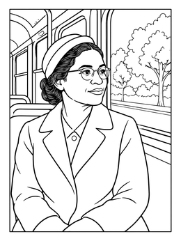 Rosa parks coloring page showing civil rights leader Rosa Parks sitting peacefully on a bus by the window.