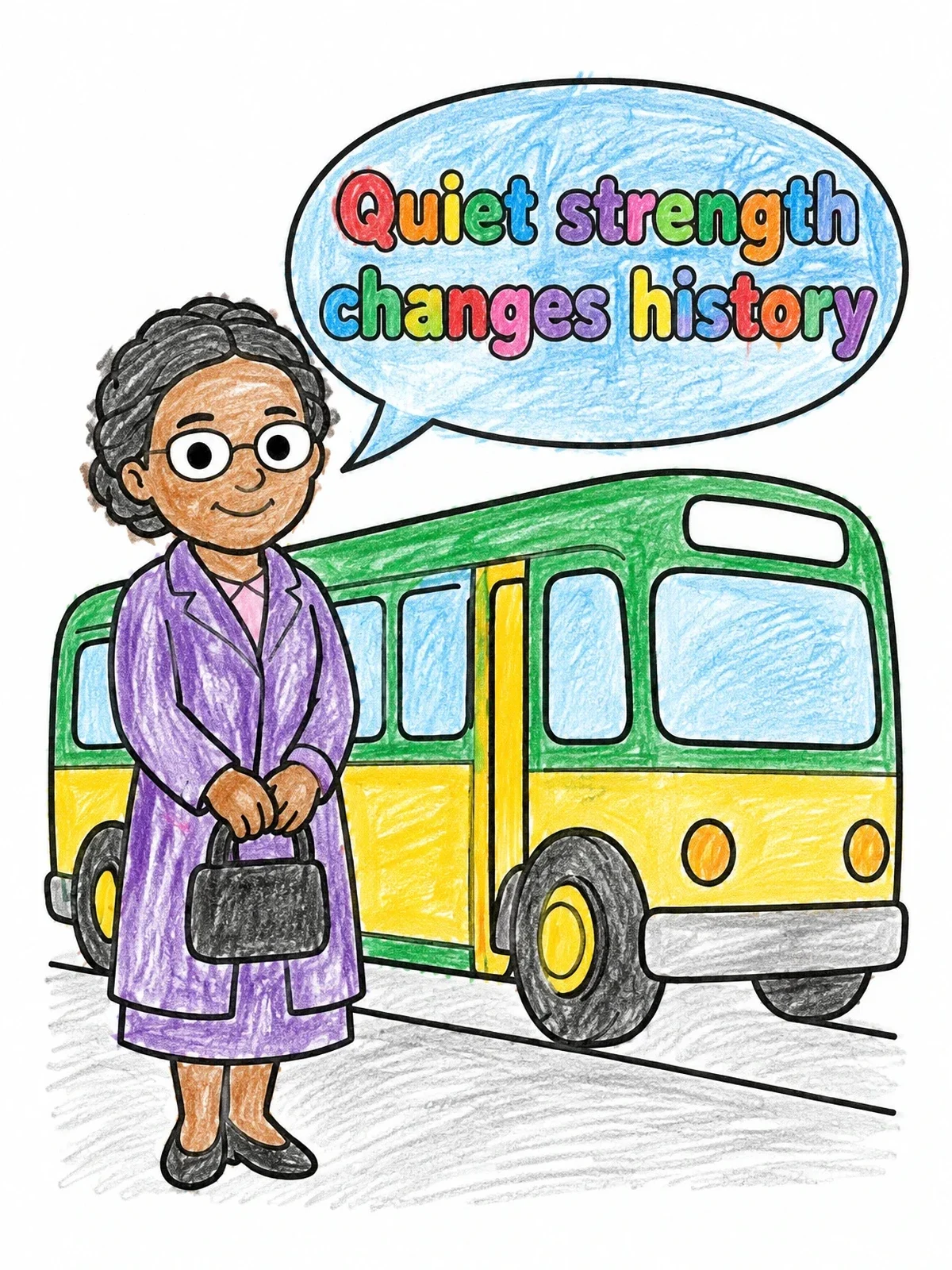 Colored example of the Rosa Parks Standing By The Bus coloring page