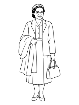 Full-length rosa parks coloring page holding a coat and handbag.