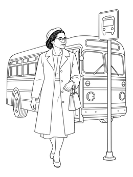 Detailed rosa parks coloring page showing her standing beside a vintage city bus and stop sign.