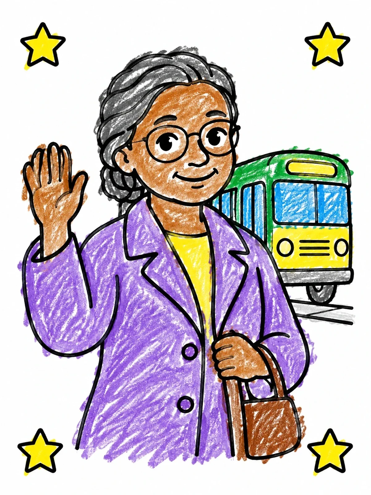 Colored example of the Rosa Parks Waving Near Bus coloring page