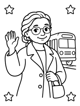 Free printable Rosa Parks Waving Near Bus coloring page