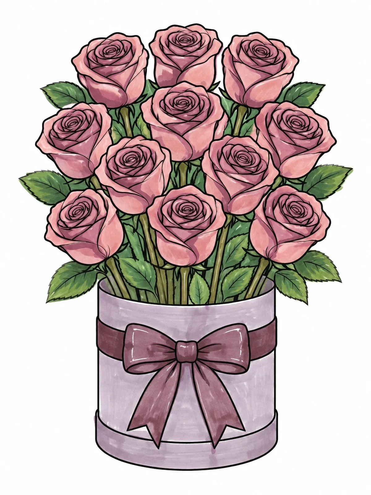 Colored example of the Rose Bouquet In A Gift Box coloring page