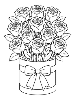 A rose coloring page featuring a lush bouquet arranged in a round gift box tied with a bow.