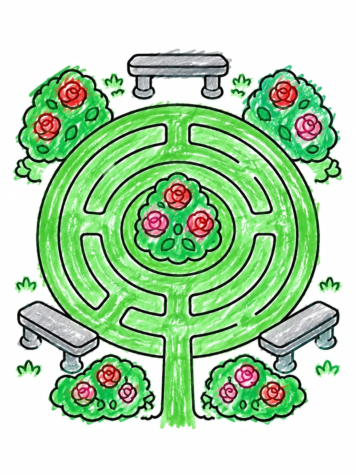 Colored example of the Rose Garden Circular Labyrinth coloring page