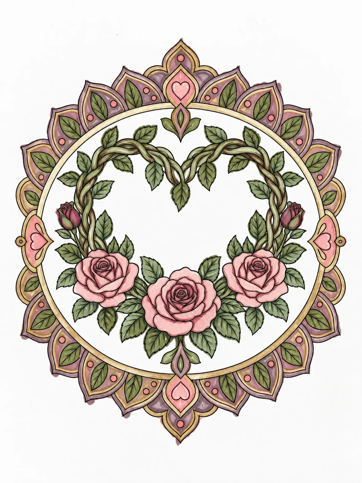 Colored example of the Rose Heart Mandala Wreath coloring page