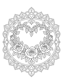 A decorative rose and heart coloring page featuring blooming roses inside an intricate mandala frame.
