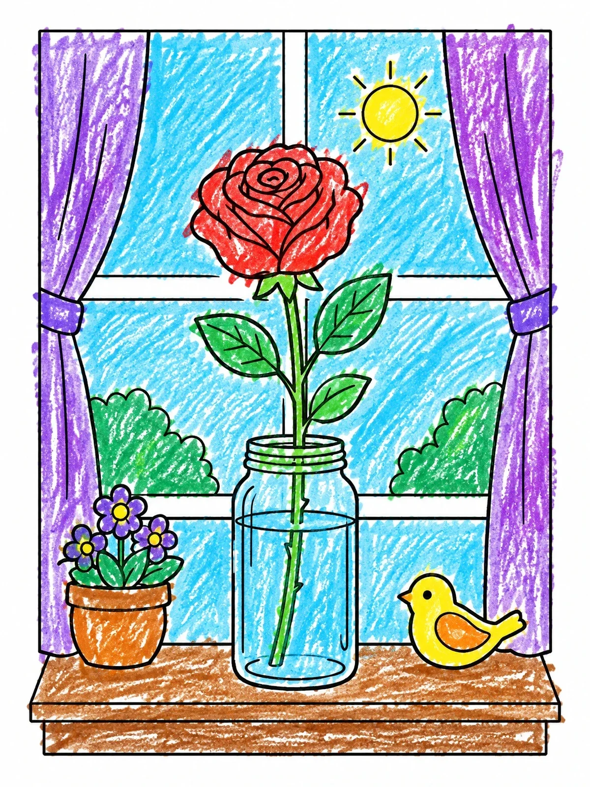 Colored example of the Rose In Mason Jar On Windowsill coloring page