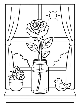 Free printable Rose In Mason Jar On Windowsill coloring page