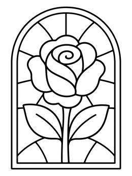 A simple rose framed inside an arched stained glass coloring page with clear leaded outlines.